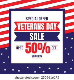 Happy Veterans Day sale banner. Holiday typographic poster with usa waving flag. Thank you, Veterans. Vector illustration
