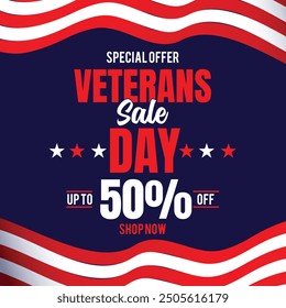 Happy Veterans Day sale banner. Holiday typographic poster with usa waving flag. Thank you, Veterans. Vector illustration
