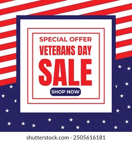 Happy Veterans Day sale banner. Holiday typographic poster with usa waving flag. Thank you, Veterans. Vector illustration
