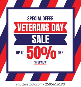 Happy Veterans Day sale banner. Holiday typographic poster with usa waving flag. Thank you, Veterans. Vector illustration
