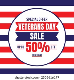 Happy Veterans Day sale banner. Holiday typographic poster with usa waving flag. Thank you, Veterans. Vector illustration
