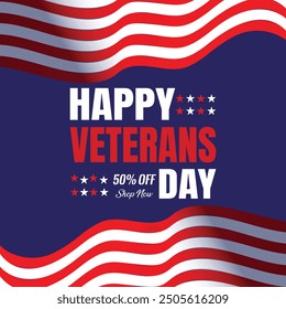 Happy Veterans Day sale banner. Holiday typographic poster with usa waving flag. Thank you, Veterans. Vector illustration
