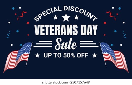 Happy Veterans Day sale banner. Holiday typographic poster with usa waving flag. Thank you, Veterans. Vector illustration
