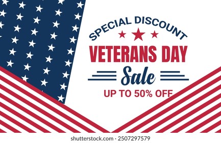 Happy Veterans Day sale banner. Holiday typographic poster with usa waving flag. Thank you, Veterans. Vector illustration
