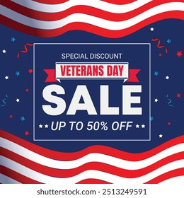 Happy Veterans Day sale banner. Holiday typographic poster with usa waving flag. Thank you, Veterans. Vector illustration
