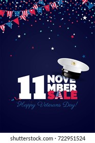 Happy Veterans Day sale banner. Holiday background with bunting flags and captain cap. Thank you, Veterans. Vector  illustration