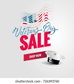 Happy Veterans Day sale banner. Holiday typographic poster with usa waving flag and captain cap. Thank you, Veterans. Vector  illustration