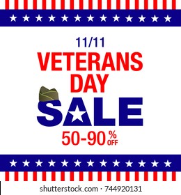 Happy Veterans Day sale banner. Holiday background with bunting flags and captain cap. Thank you, Veterans. Vector illustration