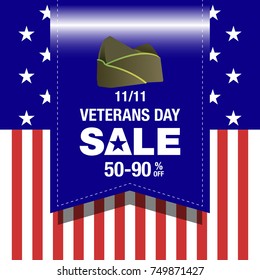 Happy Veterans Day sale banner. Holiday background with bunting flags and captain cap. Thank you, Veterans. Vector illustration