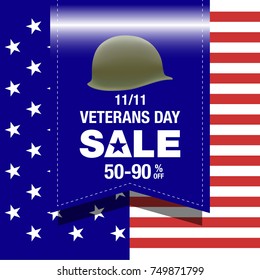 Happy Veterans Day sale banner. Holiday background with bunting flags and captain cap. Thank you, Veterans. Vector illustration