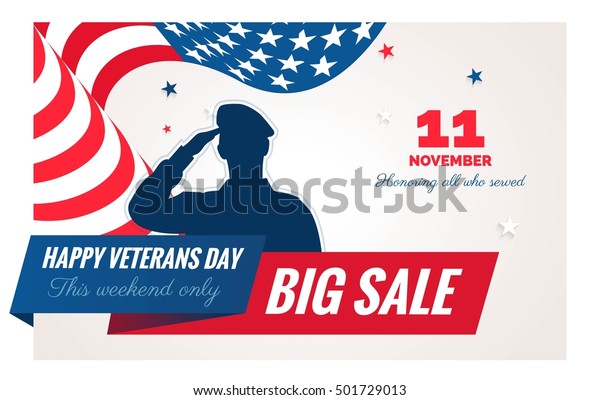 Happy Veterans Day sale banner. Holiday\
background with waving flag, soldier silhouette and sample text\
Thank you, Veterans. Vector flat\
illustration