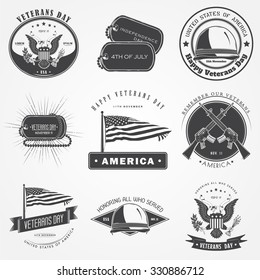 Happy veterans day set. Independence day. The celebration of patriotic celebration of America. Detailed elements. Typographic labels, stickers, logos and badges. Flat vector illustration