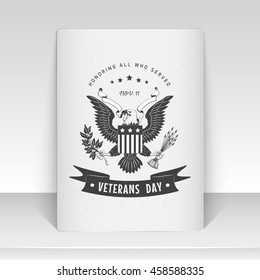 Happy veterans day set. Independence day. The celebration of patriotic celebration of America. Detailed elements. Typographic label, sticker, logo and badge. Sheet of white paper. Flat vector