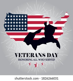 happy veterans day, silhouette soldier on map with american flag vector illustration