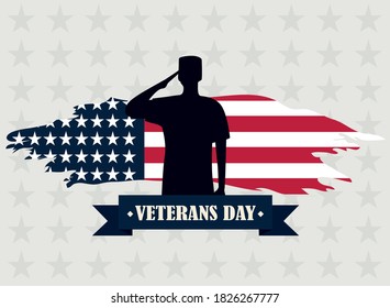 happy veterans day, silhouette soldier saluting on starry background vector illustration