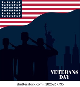 happy veterans day, silhouette soldiers saluting NY city american flag vector illustration