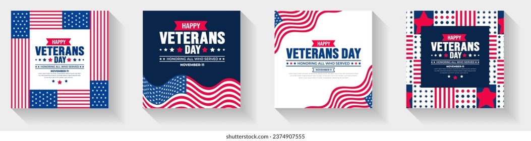 Happy Veterans Day Social Media Post Banner Design-Vorlage mit amerikanischer Flagge gesetzt. Ehrerbietend für alle, die serviert haben. Design-Vorlage für Hintergrund, Banner, Plakate, Karten und Plakate. Vektorgrafik.