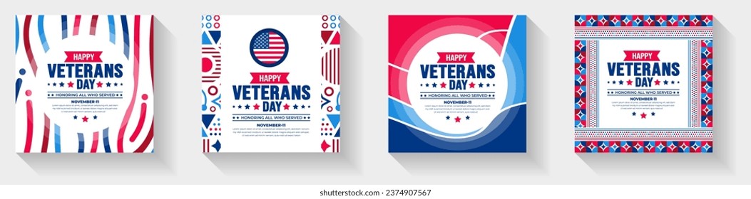 happy Veterans Day social media post banner design template set with american flag. Honoring all who served. background, banner, placard, card, and poster design template. Vector illustration.