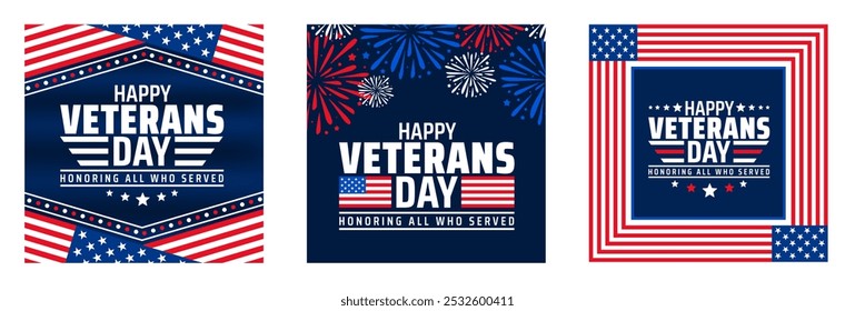 happy Veterans dia social media post banner ou modelo de design de fundo definido com bandeira dos eua. Homenageando todos os que serviram. Histórico do dia dos veteranos com bandeira americana. Banner de postagem do Dia dos Veteranos de Guerra.