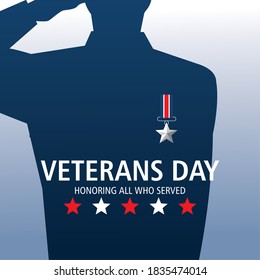 happy veterans day, soldier salute with medal vector illustration