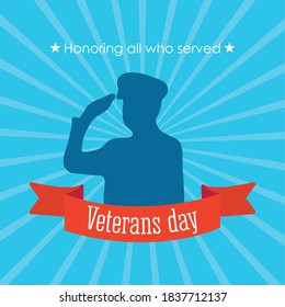 happy veterans day, soldier saluting in silhouette and blue rays background vector illustration