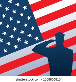 happy veterans day, soldier saluting on american flag vector illustration
