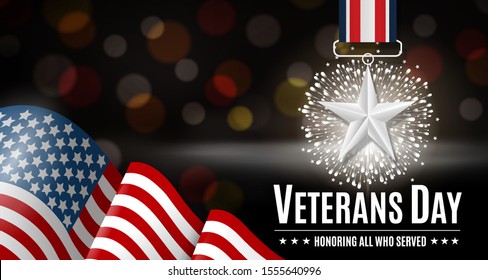 Happy Veterans Day. Stylish patriotic template for advertising card, flyer, poster, banner. Decorated with Silver star on the ribbon, firework, flag, lights and holiday message. Vector illustration.