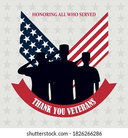 happy veterans day, typewritten text soldiers and US flag vector illustration