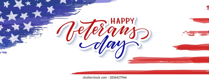 Happy Veterans day. Typography card. Modern black and white brush calligraphy text. Hand drawn lettering typo vector illustration. Isolated on white background