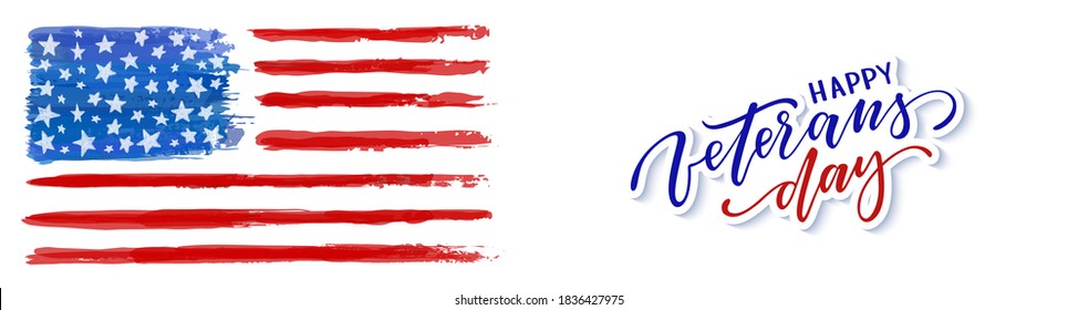 Happy Veterans day. Typography card. Modern black and white brush calligraphy text. Hand drawn lettering typo vector illustration. Isolated on white background