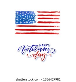 Happy Veterans day. Typography card. Modern black and white brush calligraphy text. Hand drawn lettering typo vector illustration. Isolated on white background