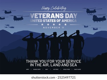 Happy Veterans Day United States of America 11. November 2024 mit Soldaten grüßen die US Armed Forces Service Illustration. Ich ehre alle, die Vektorgrafik dienten.