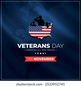 Happy Veterans Day United States of America vector background. Veteran's day poster. Honoring all who served. 11th November Veteran's day poster with usa flag.