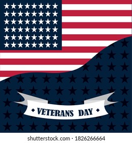 happy veterans day, US flag ribbon on stars blue background vector illustration