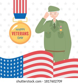 Happy Veterans Day, US Military Armed Forces Soldier Medal And American Flag Vector Illustration