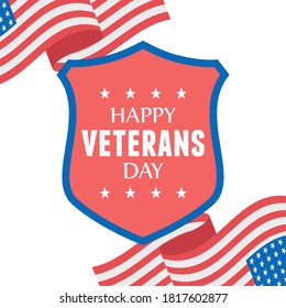 happy veterans day, US military armed forces soldier, waving flags shield emblem vector illustration
