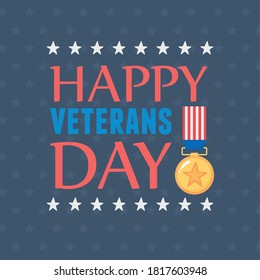 happy veterans day, US military armed forces soldier, inscription medal flag emblem vector illustration