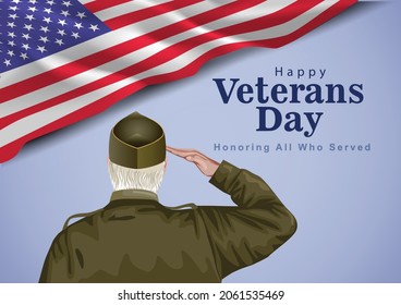 happy veterans day USA. American old soldier saluting  with flag. vector illustration design