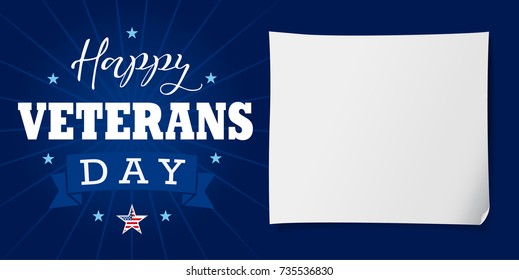 Happy Veterans Day USA lettering banner. Veterans day greeting card with star, beams and typographic design on navy blue background. Honoring all who served, vector illustration