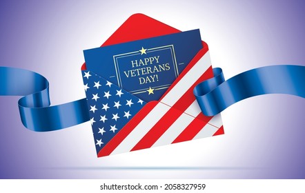 Happy veterans day vector banner design, with a greeting letter in the USA flag printed envelope.