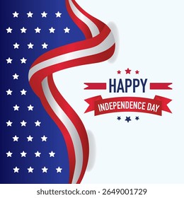 Happy Veterans Day vector banner featuring red and white waving ribbon over blue background with white stars.Vector illustration.