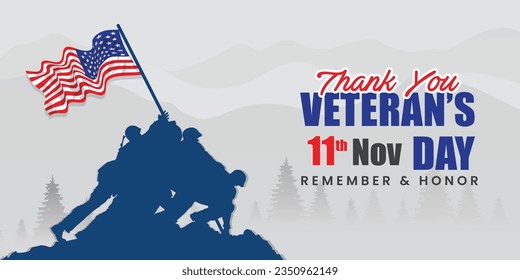 Happy Veterans Day Vector Illustration with Silhouette of Soldier and United States of America Flag. November 11