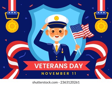 Happy Veterans Day Vector Illustration on 11 November with USA Flag and Soldiers for Honoring All Who Served in Flat Kids Cartoon Background