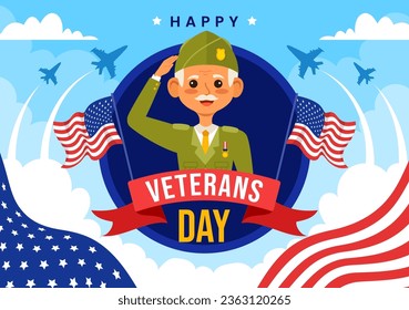 Happy Veterans Day Vector Illustration on 11 November with USA Flag and Soldiers for Honoring All Who Served in Flat Kids Cartoon Background