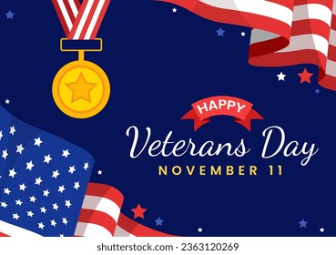 Happy Veterans Day Vector Illustration on 11 November with USA Flag and Soldiers for Honoring All Who Served in Flat Kids Cartoon Background