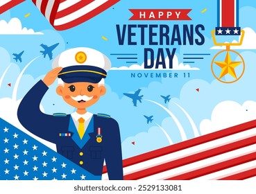 Happy Veterans Day Vector Illustration on November 11 featuring the USA Flag and Soldiers, Honoring All Who Served in a Flat Style Cartoon Background