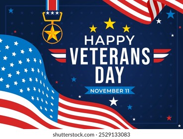 Happy Veterans Day Vector Illustration on November 11 featuring the USA Flag and Soldiers, Honoring All Who Served in a Flat Style Cartoon Background