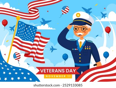 Happy Veterans Day Vector Illustration on November 11 featuring the USA Flag and Soldiers, Honoring All Who Served in a Flat Style Cartoon Background