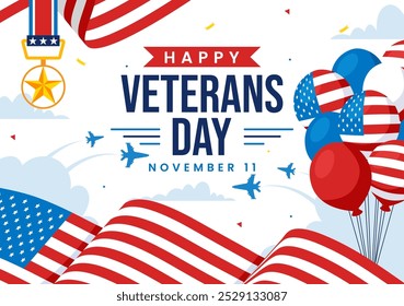 Happy Veterans Day Vector Illustration on November 11 featuring the USA Flag and Soldiers, Honoring All Who Served in a Flat Style Cartoon Background
