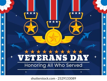 Feliz Ilustración vectorial del Día de los Veteranos el 11 de noviembre con la bandera de Estados Unidos y los soldados, en honor a todos los que sirvieron en un fondo de dibujos animados de estilo plano